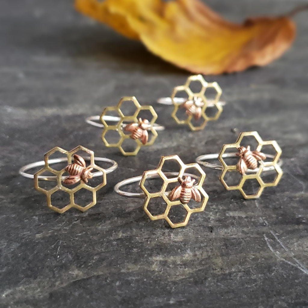Brass Honeycomb Ring with Bee