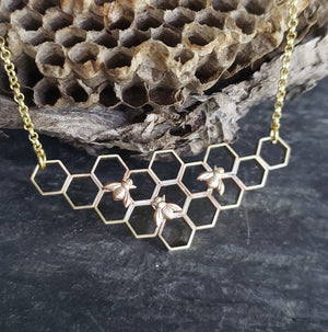 Copper Honeycomb Necklace with Honeybee