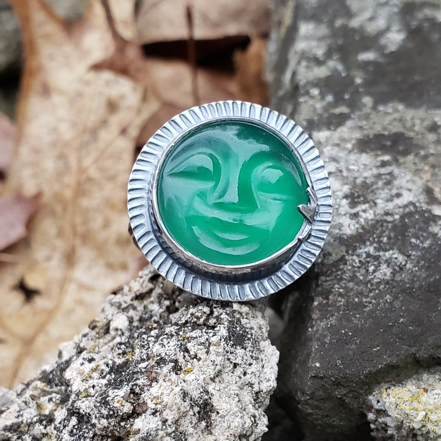 Carved Green Onyx Moon Face Ring Size 6