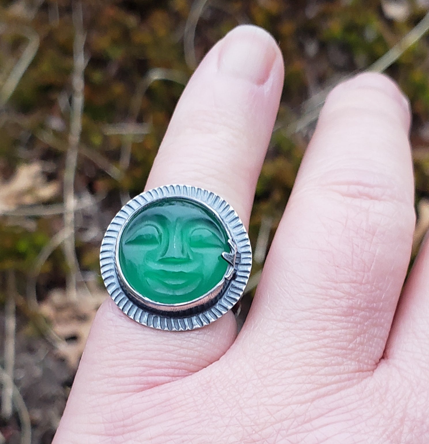 Carved Green Onyx Moon Face Ring Size 6