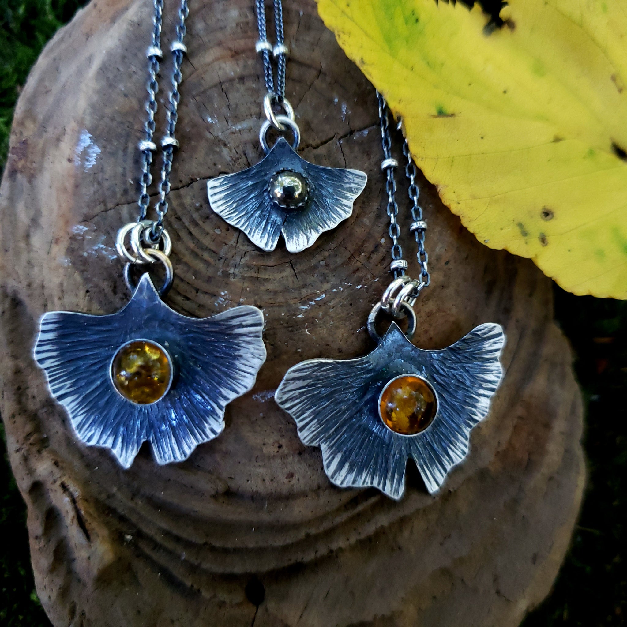 The Woodland Collection - Ombré Amber Gingko Leaf Pendants in Sterling Silver