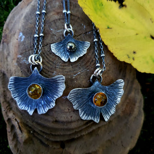 The Woodland Collection - Ombré Amber Gingko Leaf Pendants in Sterling Silver