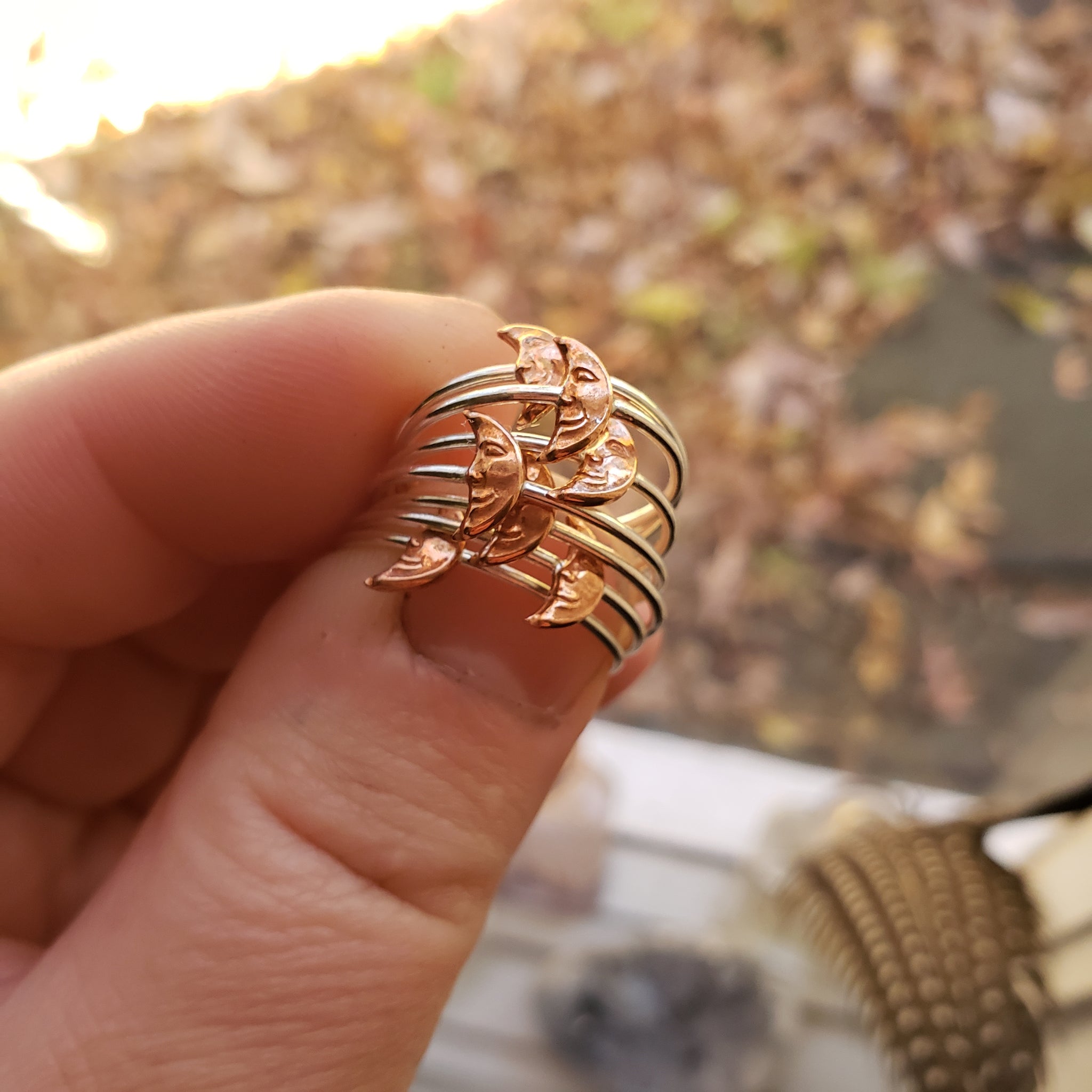 Tiny Crescent Man on the Moon Copper & Sterling Silver Ring