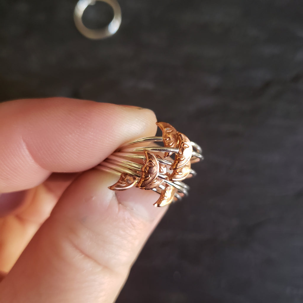 Tiny Crescent Man on the Moon Copper & Sterling Silver Ring