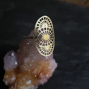 Brass Lacy Spiderweb Shield Ring with Sterling Silver Band