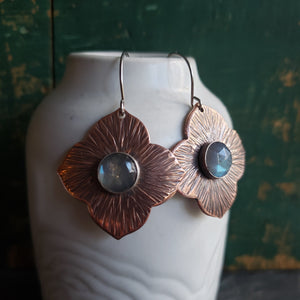 Hammered Copper & Gemstone Quatrefoil Earrings