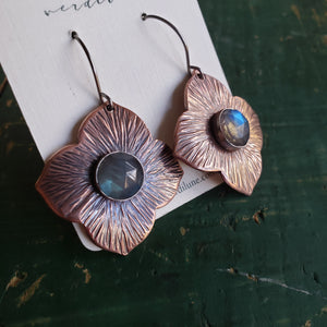 Hammered Copper & Gemstone Quatrefoil Earrings