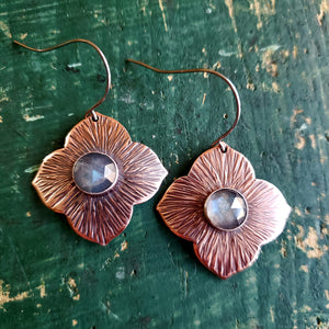 Hammered Copper & Gemstone Quatrefoil Earrings