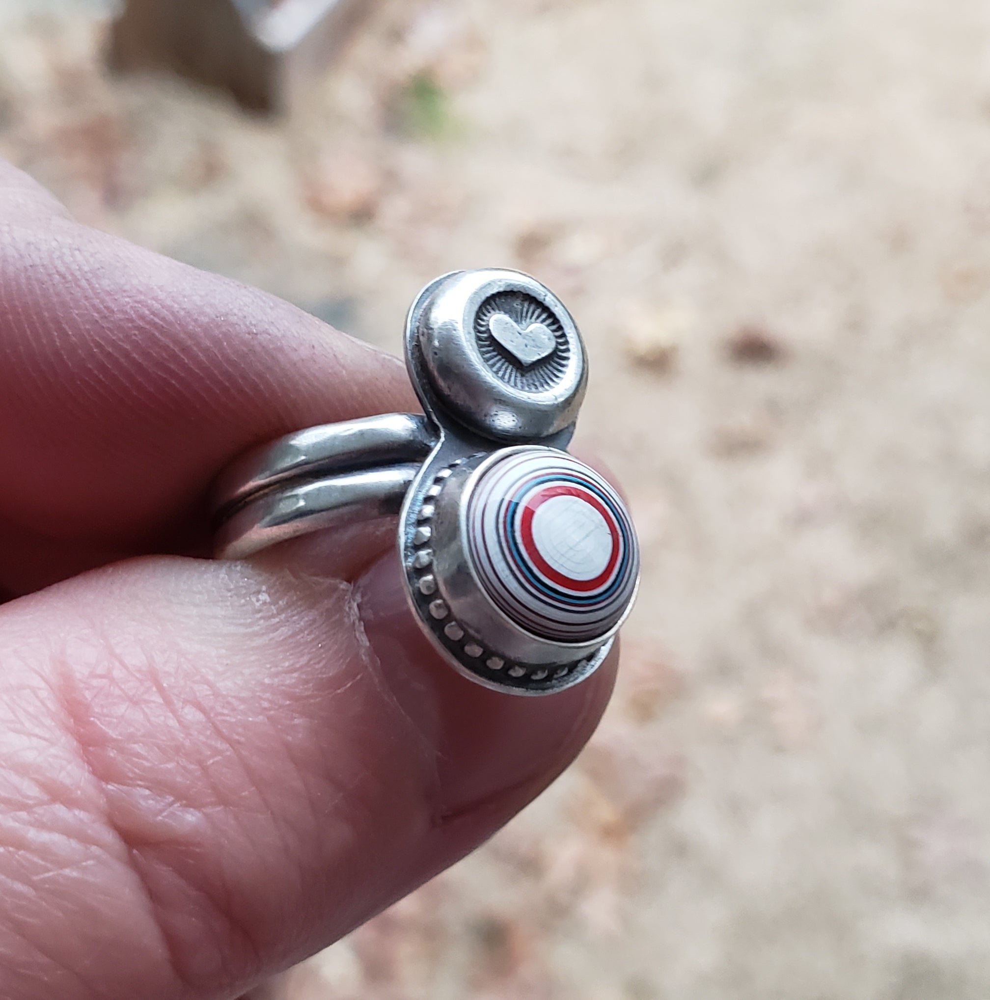 Fordite Bullseye & Stamped Heart Ring in Sterling Silver Size 6.75
