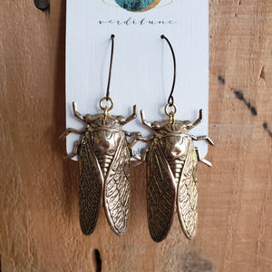 Cicada Earrings in Antiqued Brass
