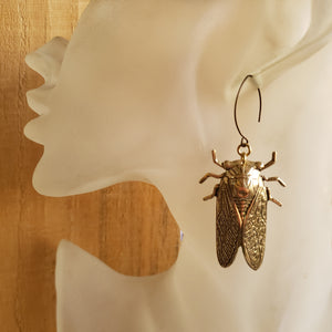 Cicada Earrings in Antiqued Brass