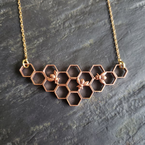 Copper Honeycomb Necklace with Honeybee