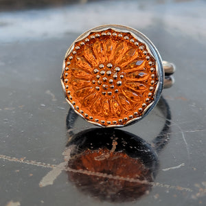 Czech Glass Bright Orange Sunflower Ring