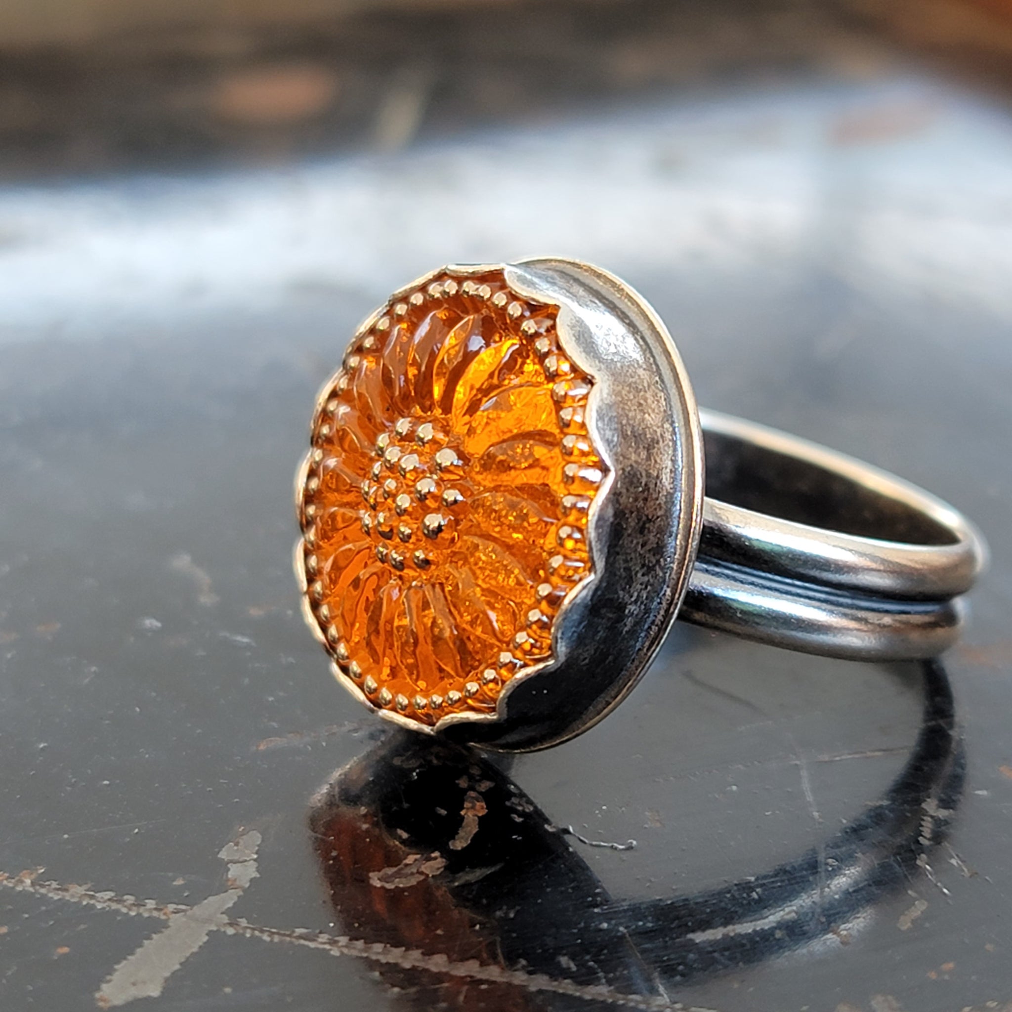 Czech Glass Bright Orange Sunflower Ring