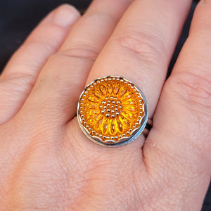 Czech Glass Bright Orange Sunflower Ring