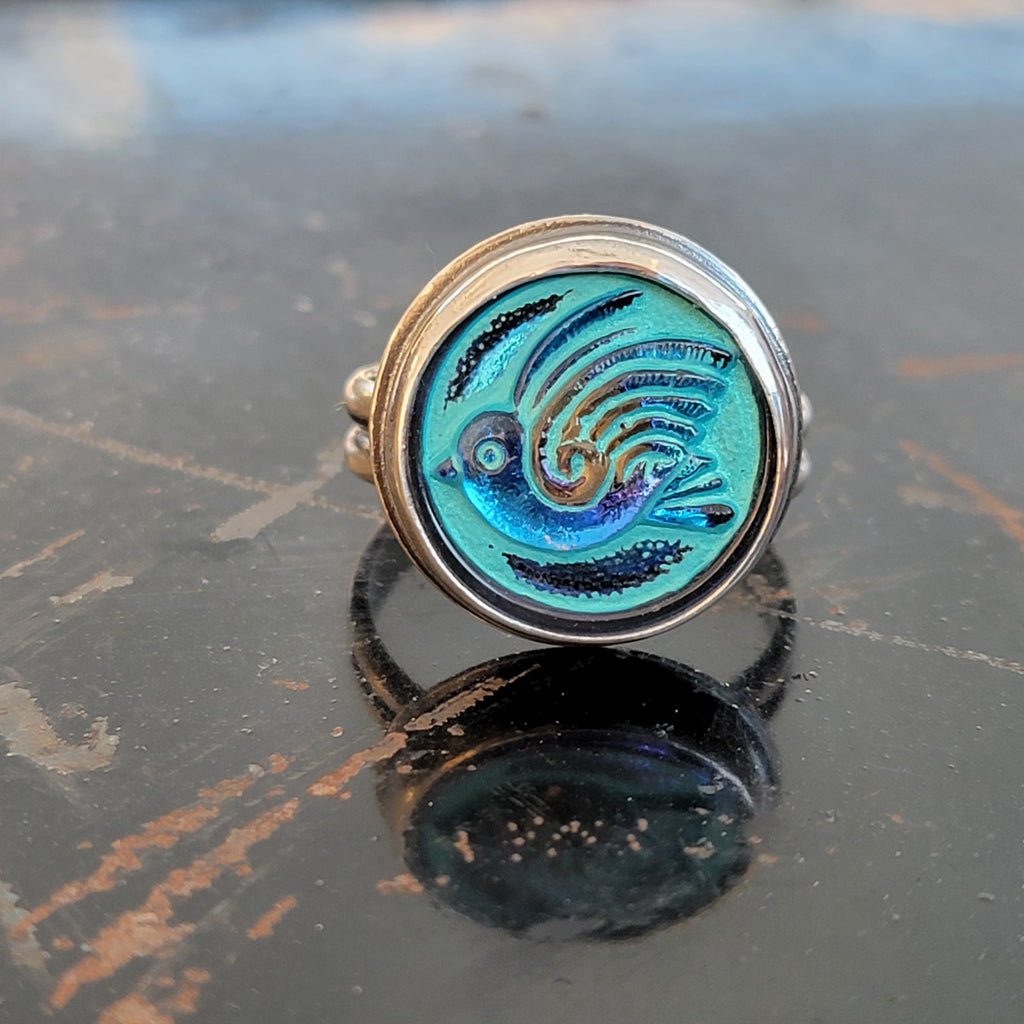 Czech Glass Iridescent Turquoise Retro Bird Ring in Sterling Silver