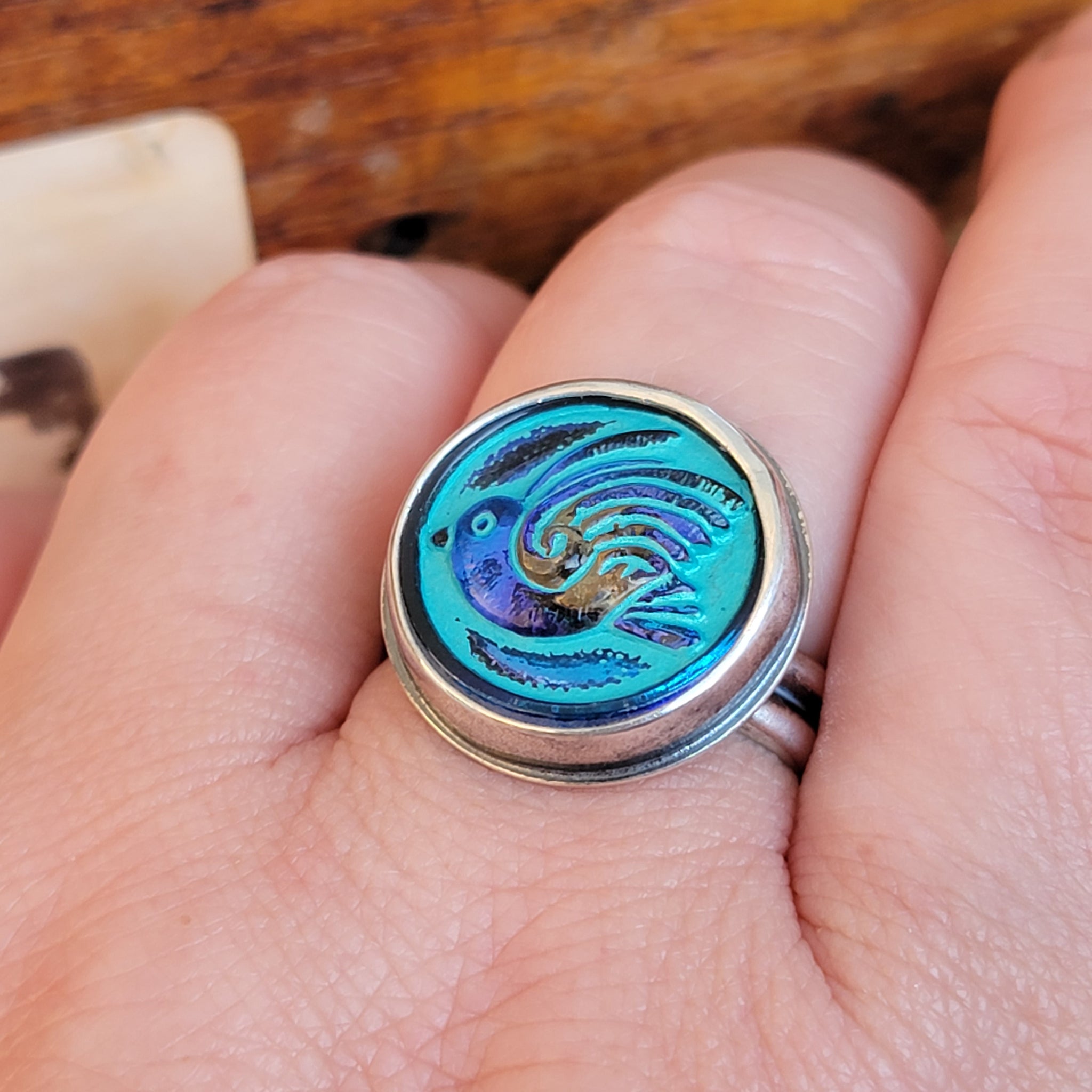 Czech Glass Iridescent Turquoise Retro Bird Ring in Sterling Silver