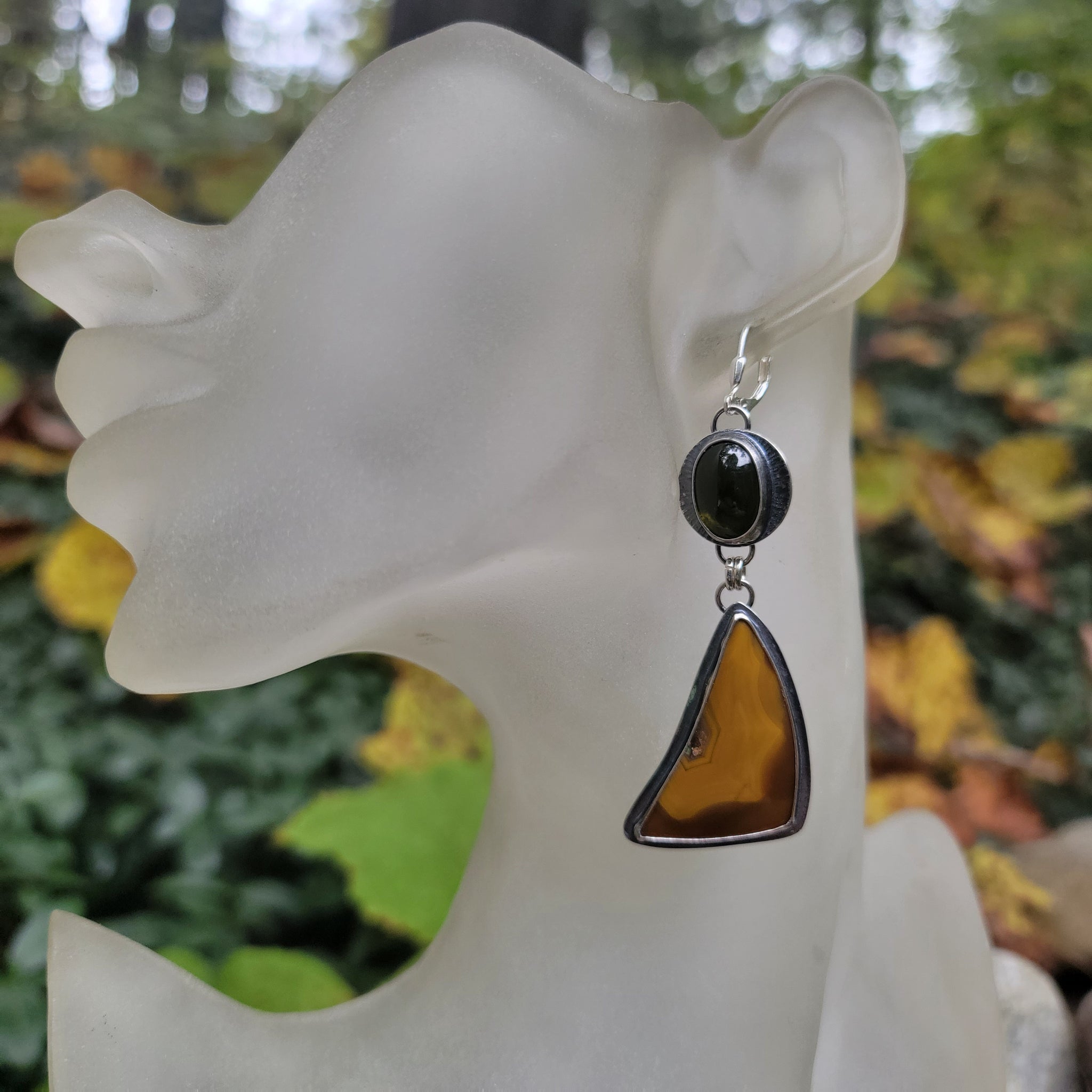 Mustard Yellow Condor Agate Spiderweb Earrings with Vesuvianite in Sterling Silver Earrings