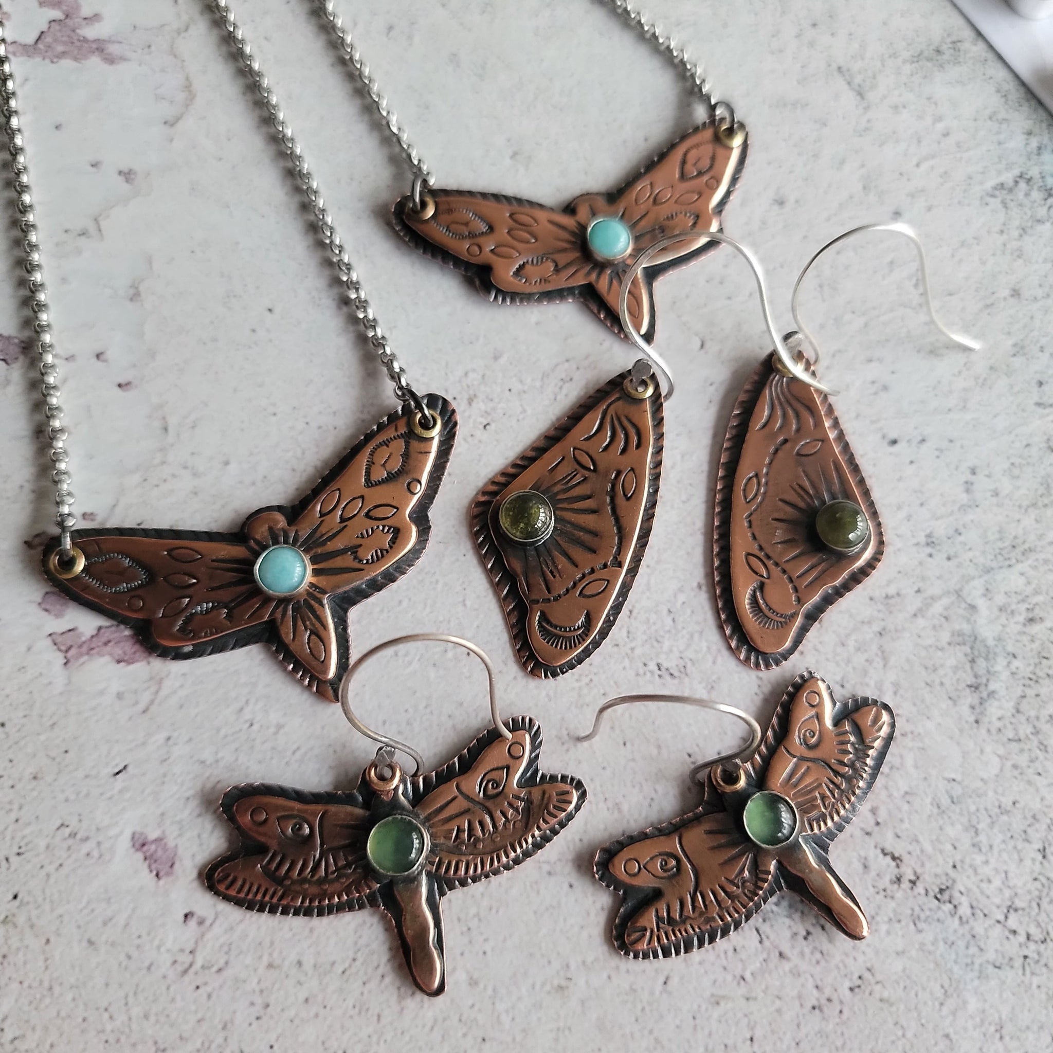 Copper Cicada Wing Earrings with Vesuvianite