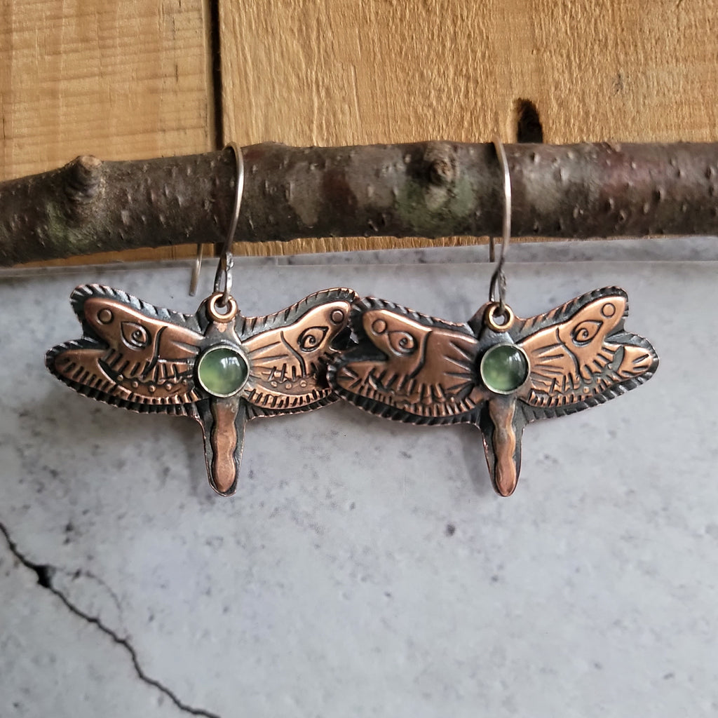 Copper Dragonfly Earrings with Green Serpentine