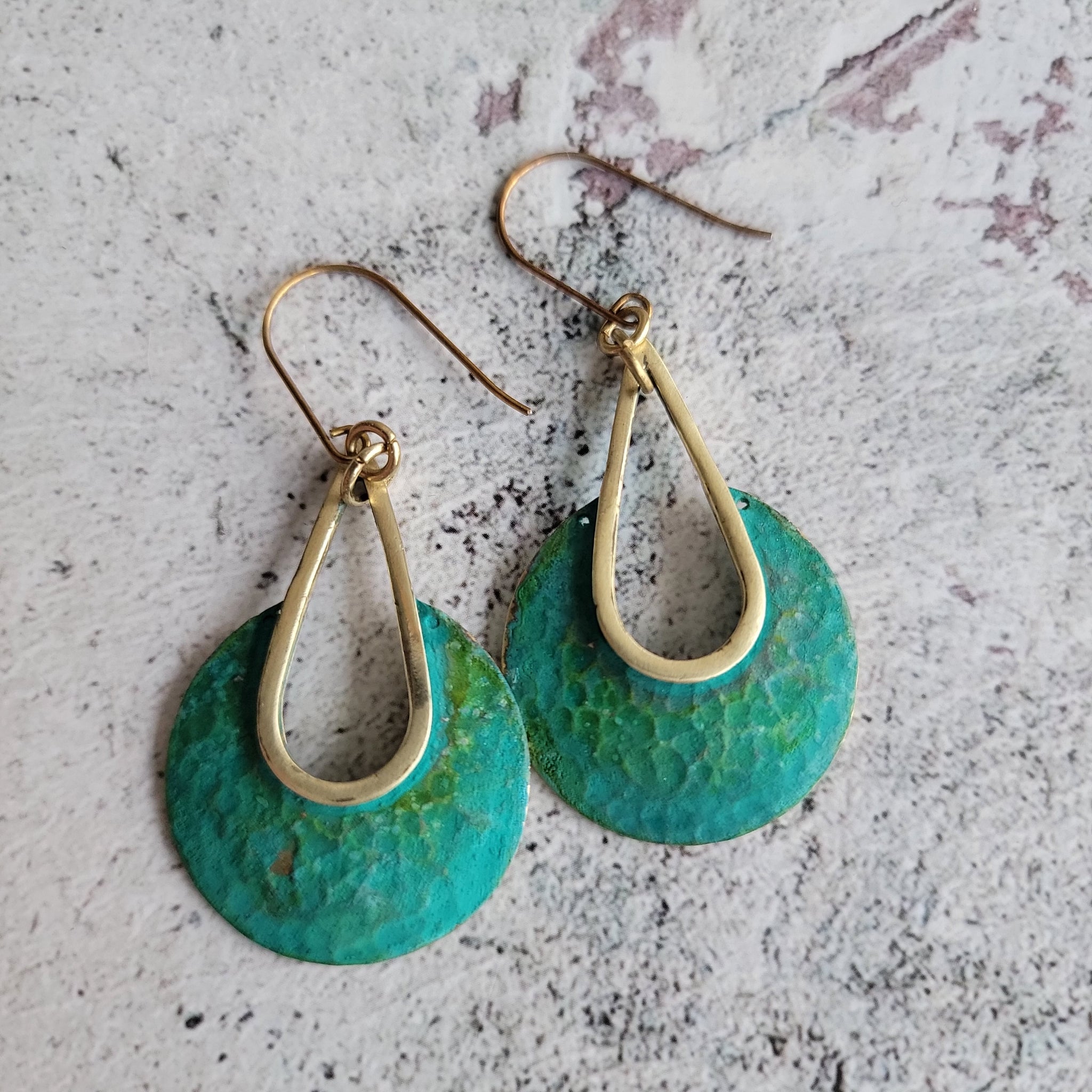 Gold-Edge Verdigris Green Hammered Drop Earrings