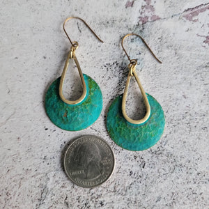 Gold-Edge Verdigris Green Hammered Drop Earrings