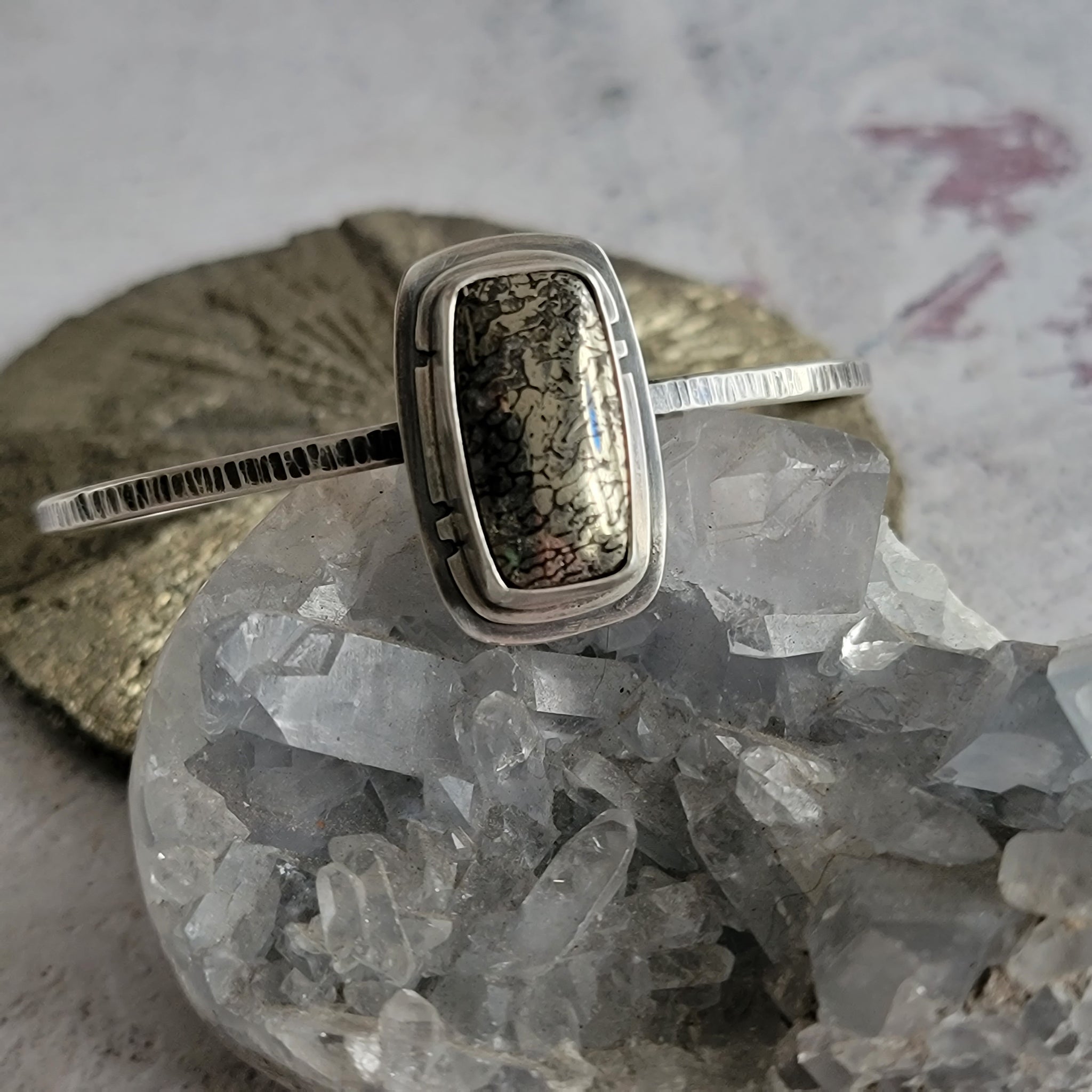 Pyritized Dinosaur Bone Gemstone Cuff in Sterling Silver