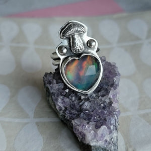 Chunky Faceted Opal Doublet Heart Ring with Mushroom in Sterling Silver Size 6.5