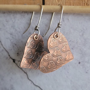 Rustic Heart Scribble Earrings in Copper