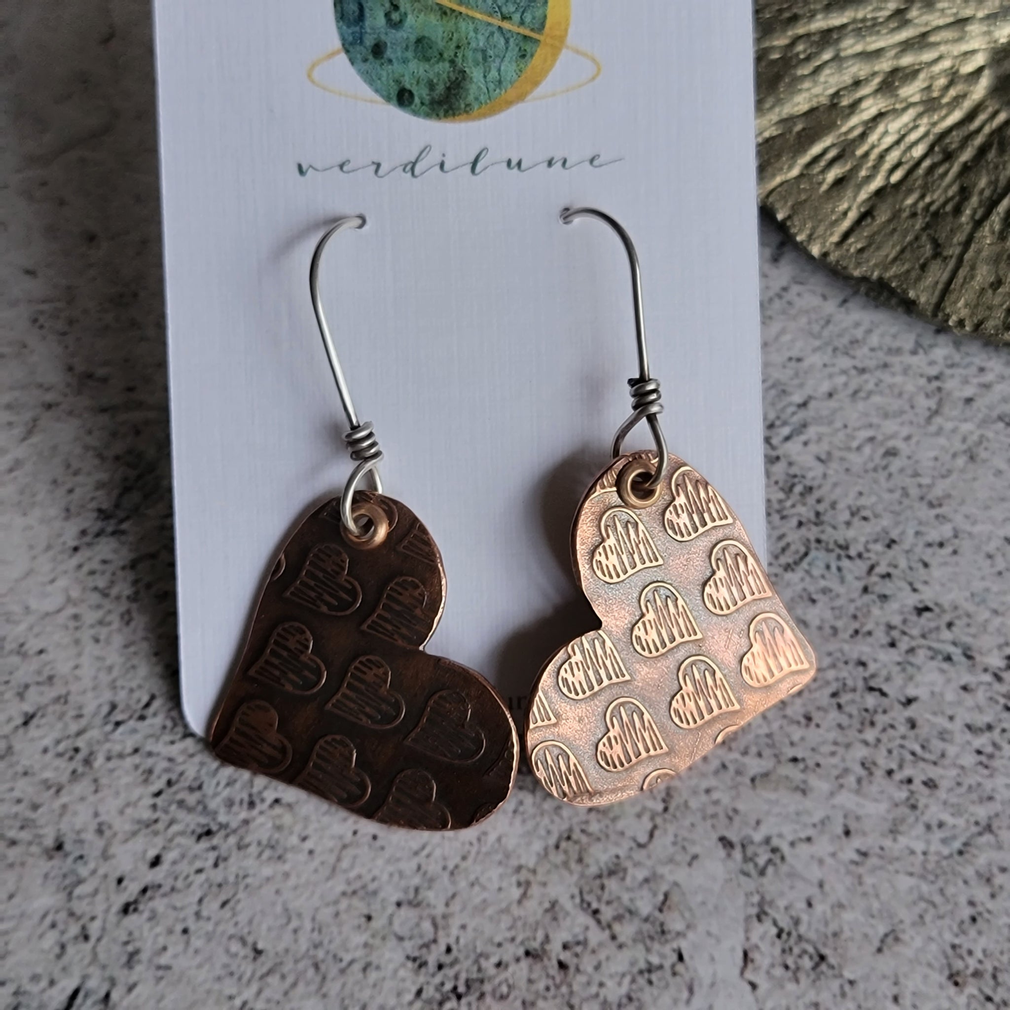 Rustic Heart Scribble Earrings in Copper