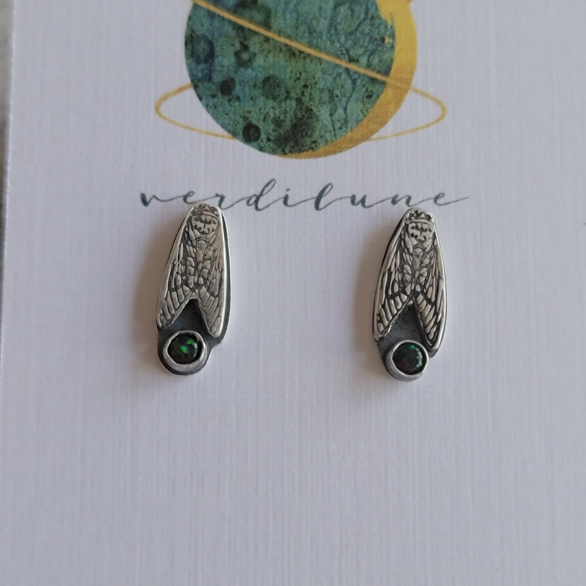 Sterling Silver Cicada Stud Earrings with Black Opal
