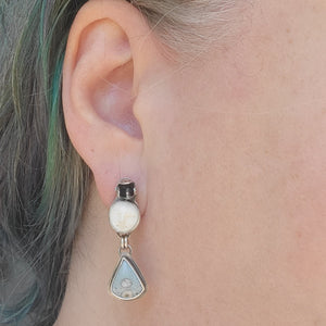Carved Bone Moon Face & Leland Blue Earrings in Sterling Silver