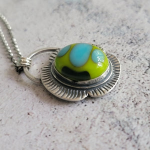 Colorific Lily Pad Green & Turquoise Fused Glass & Sterling Silver Pendant