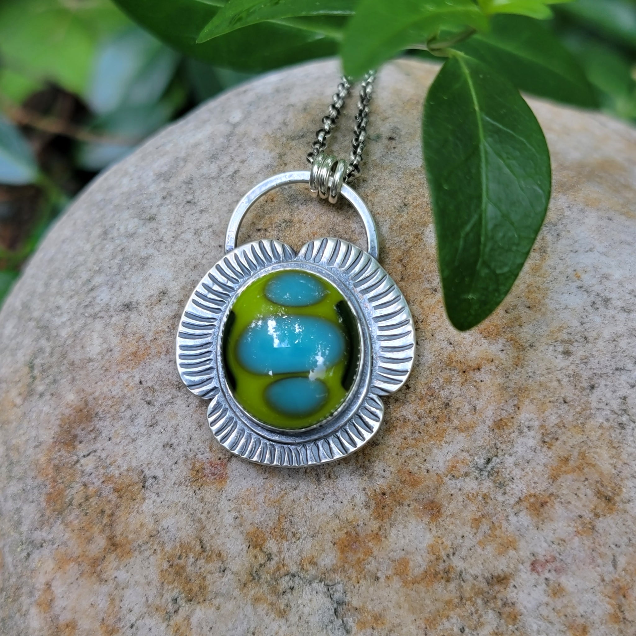 Colorific Lily Pad Green & Turquoise Fused Glass & Sterling Silver Pendant