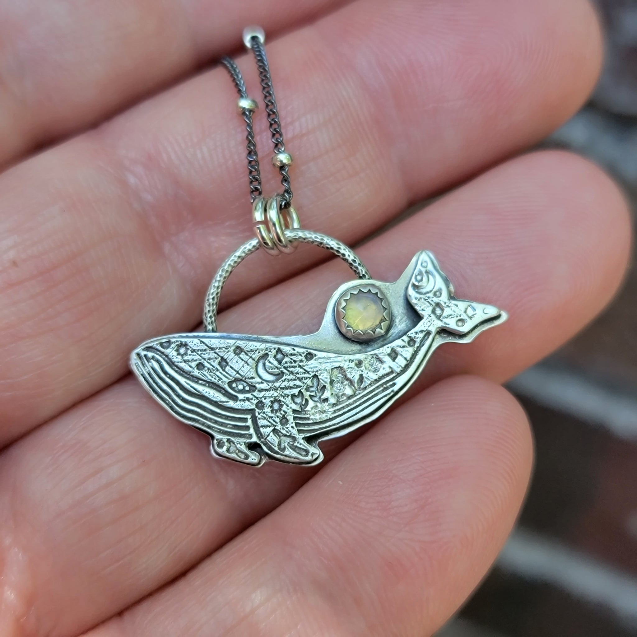Celestial Whale Pendant in Fine Silver with Ethipoan Opal