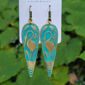 Art Noveau Heron Verdigris Drop Earrings