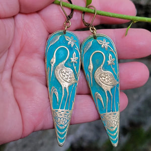 Art Noveau Heron Verdigris Drop Earrings