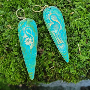 Art Noveau Heron Verdigris Drop Earrings