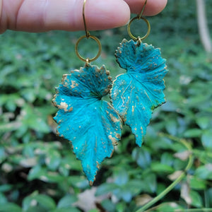 Verdigris Begonia Leaf Brass Earrings