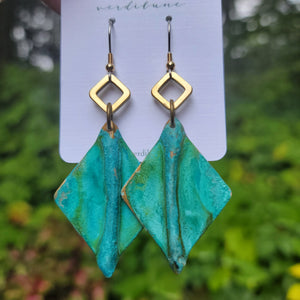 Verdigris Green Fold Formed Brass Drop Earrings