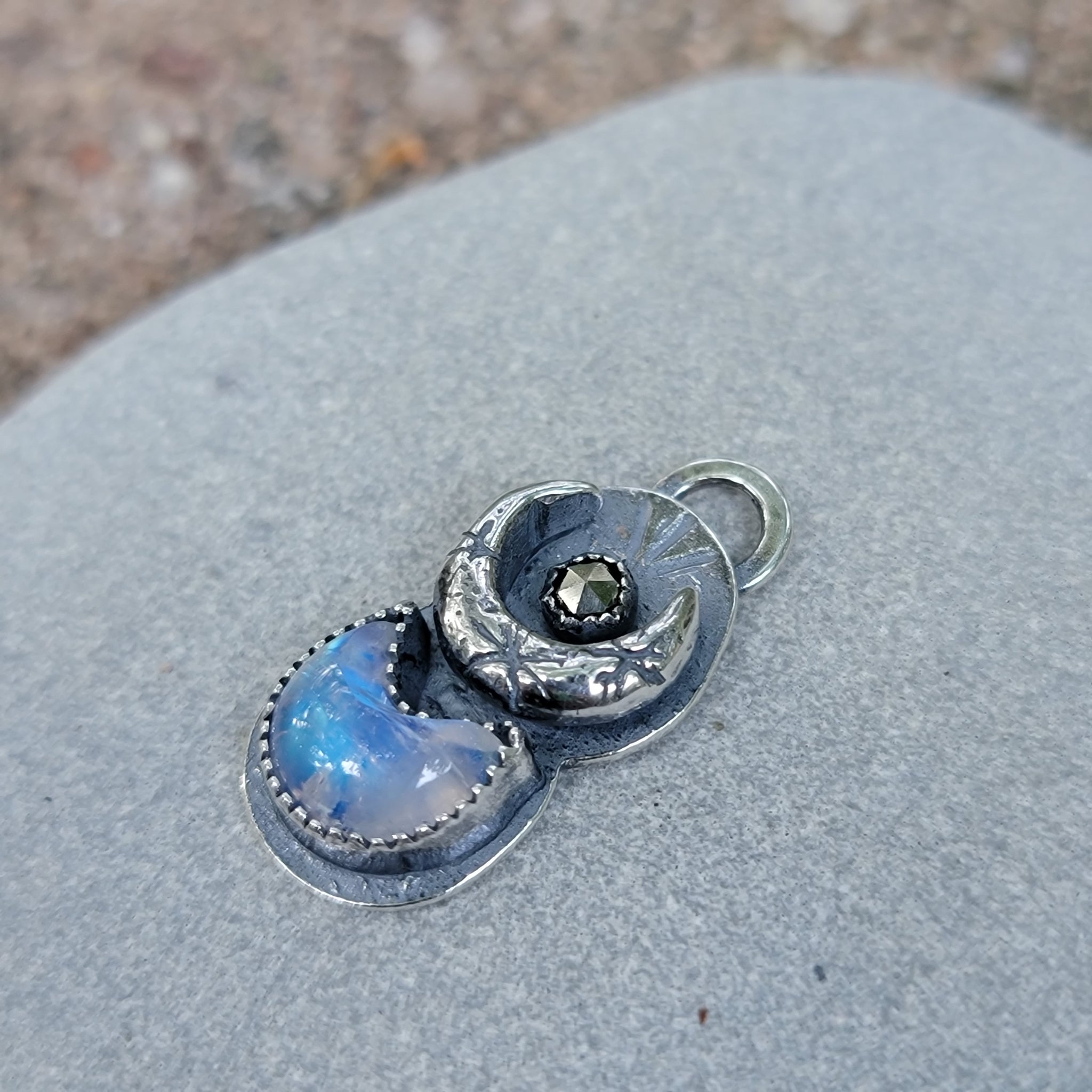 Sparkling Crescent Moon Pendant with Moonstone & Pyrite