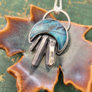 Crystal Crescent Pendant with Opalized Petrified Wood in Sterling Silver