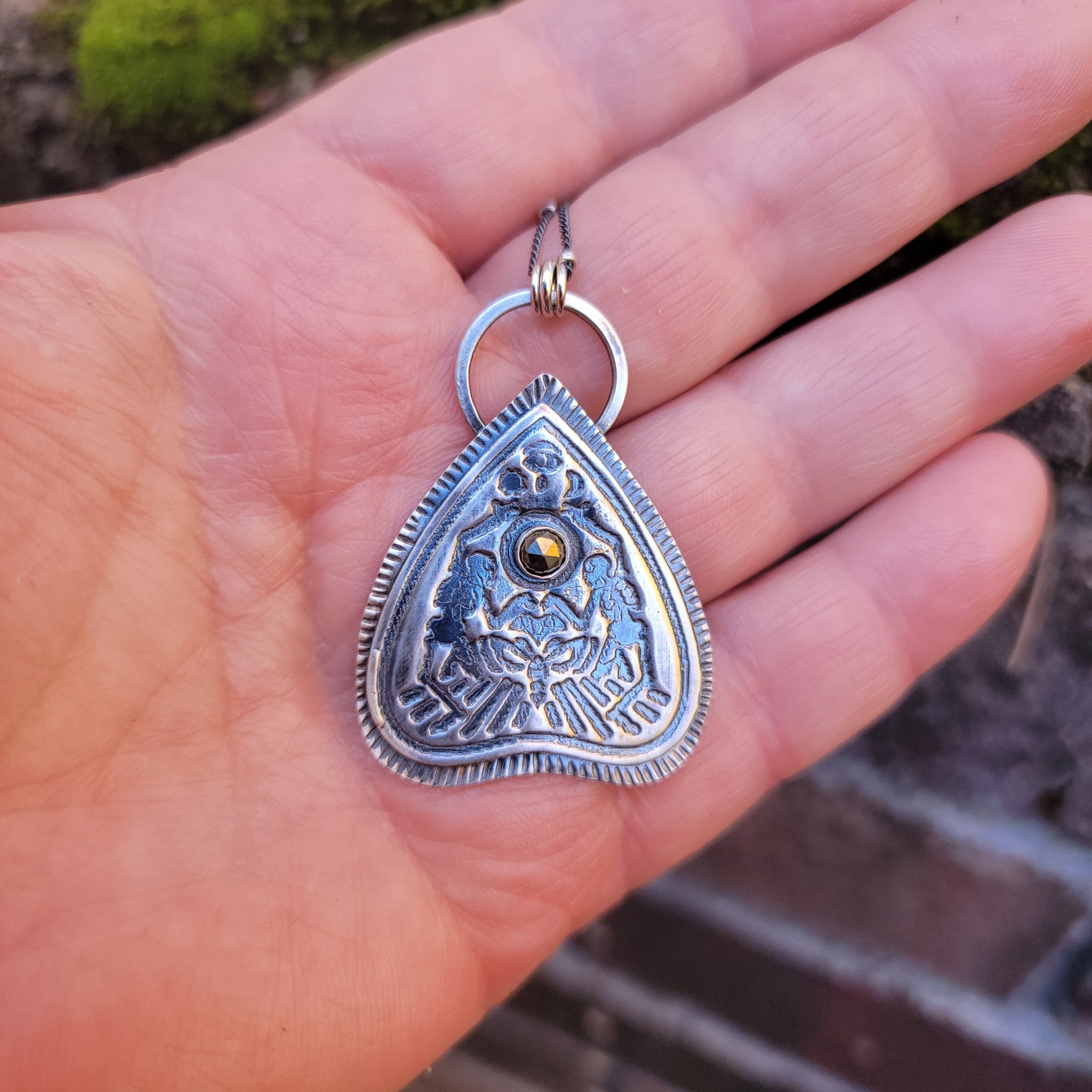Dancing Skellies Ouija Pendant in Fine Silver with Pyrite