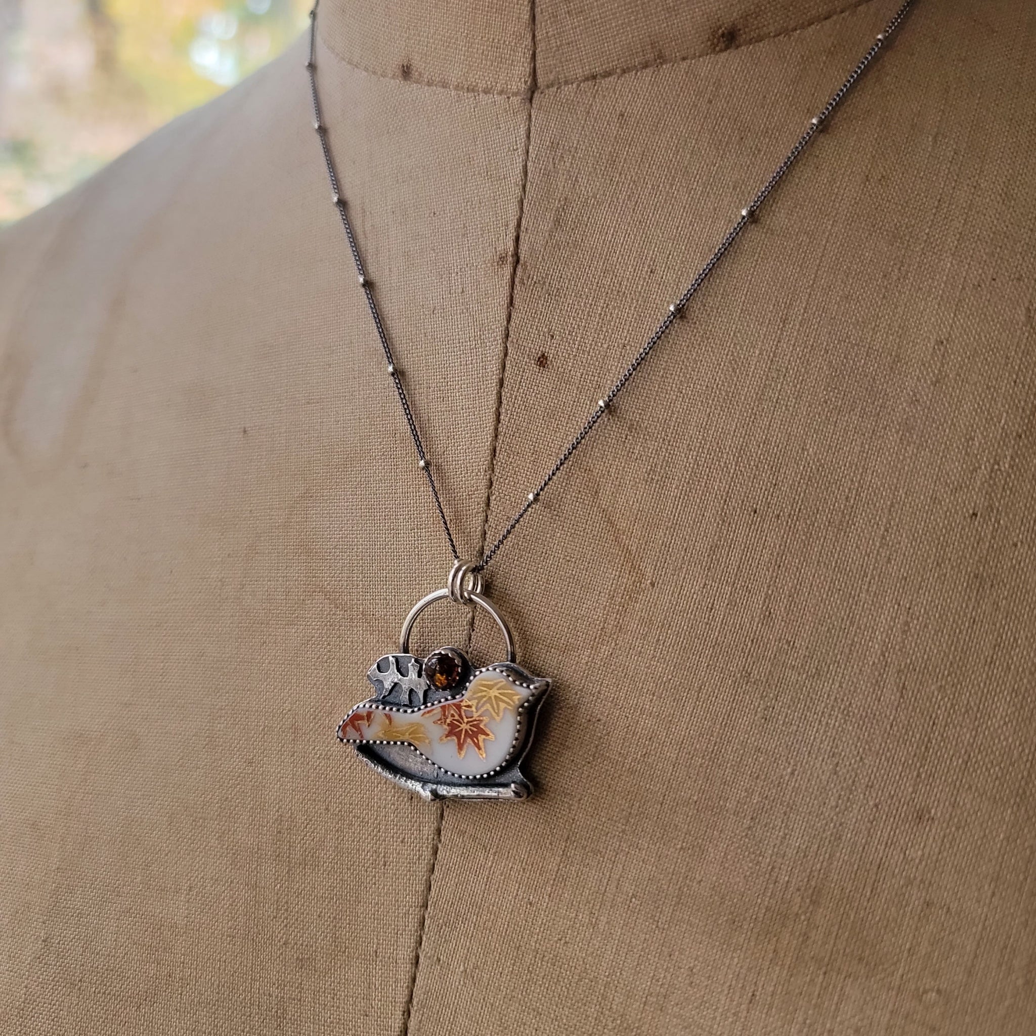 Autumn Maple Leaf Bird Pendants with Baltic Amber - Upcycled China in Sterling Silver