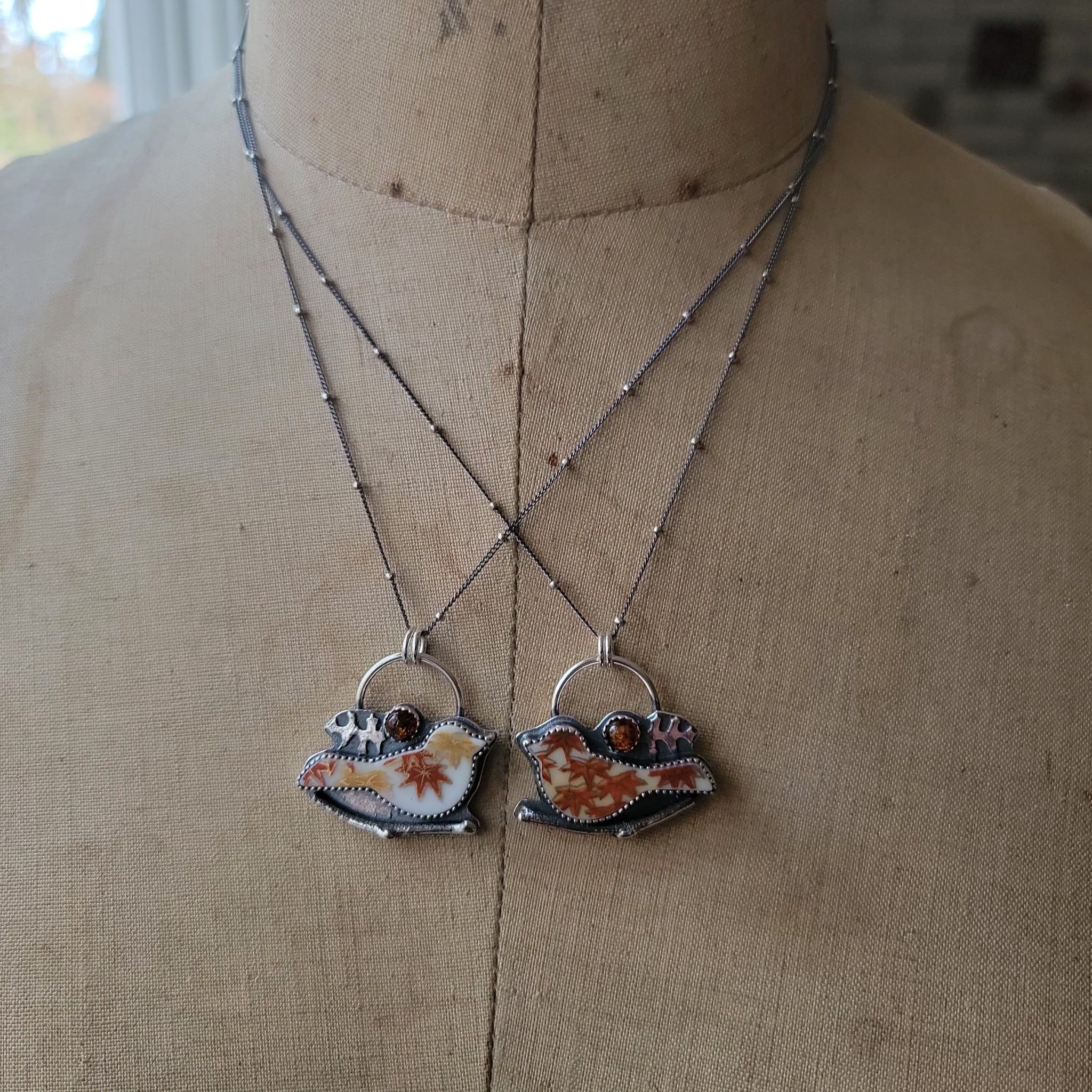 Autumn Maple Leaf Bird Pendants with Baltic Amber - Upcycled China in Sterling Silver