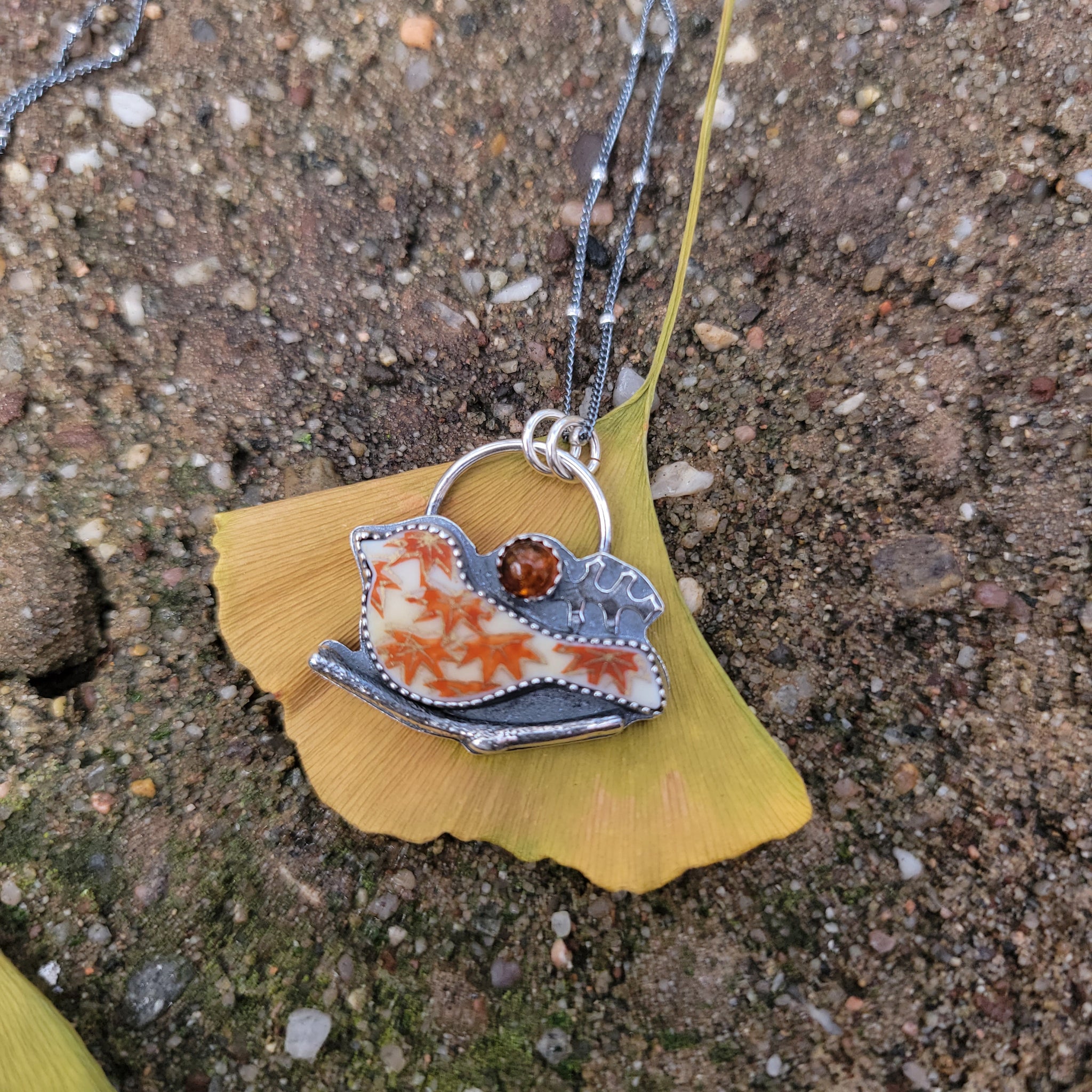 Autumn Maple Leaf Bird Pendants with Baltic Amber - Upcycled China in Sterling Silver
