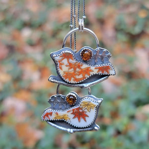Autumn Maple Leaf Bird Pendants with Baltic Amber - Upcycled China in Sterling Silver