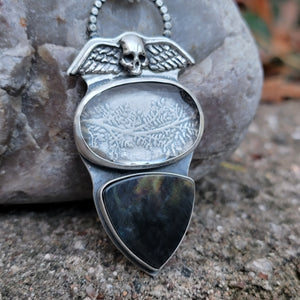 Memento Mori Pendant wtih Quartz Crystal & Spectrolite in Sterling Silver