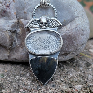 Memento Mori Pendant wtih Quartz Crystal & Spectrolite in Sterling Silver