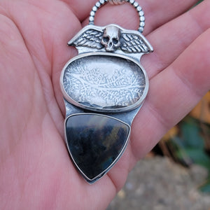 Memento Mori Pendant wtih Quartz Crystal & Spectrolite in Sterling Silver